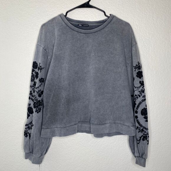 Zara womens cotton crewneck sweater sweatshirt floral velvet design grunge L - Picture 1 of 8